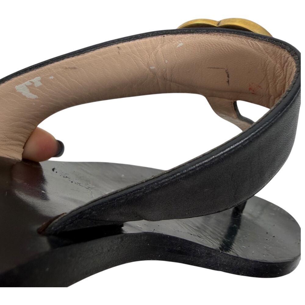 Gucci Black Leather Thong Sandal Gold Double G Logo Size 38.5 - Picture 13 of 13